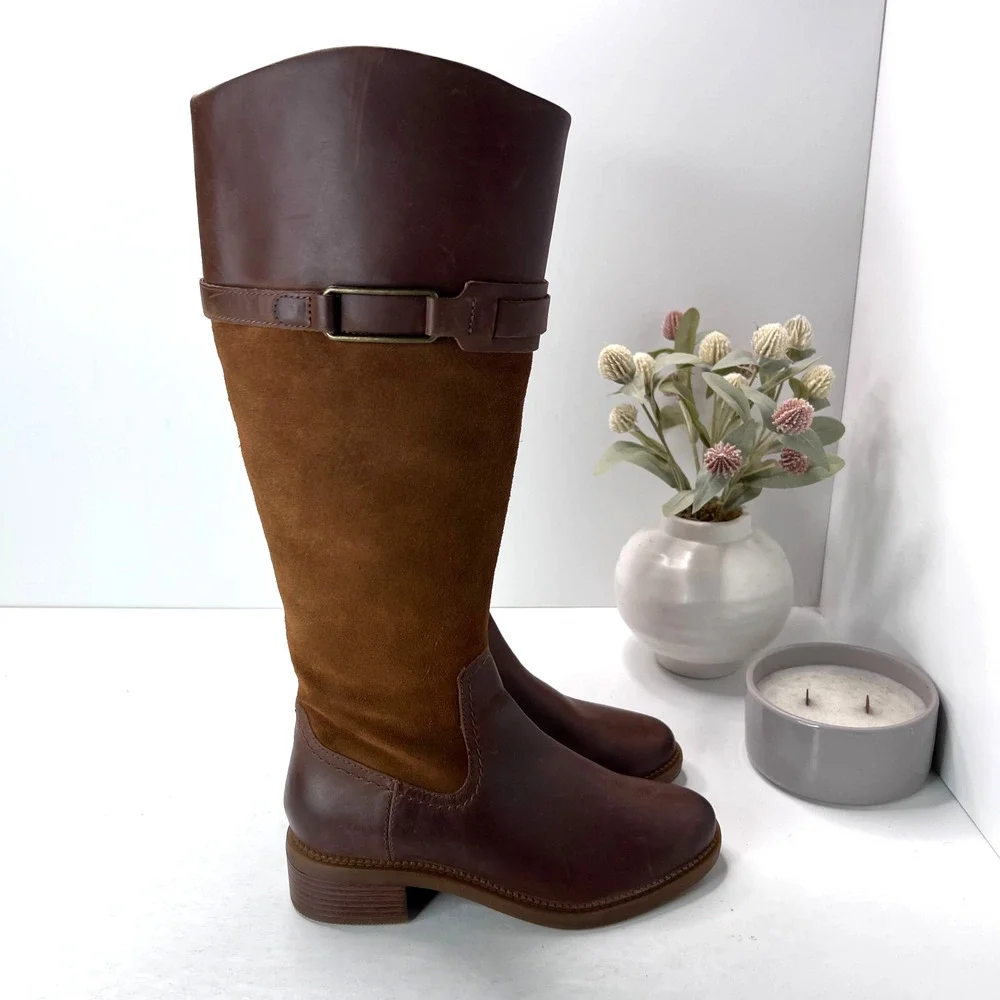 Clarks Maye Carly Leather/Suede Knee High Boots Buckle Detail Brown Women's 6M